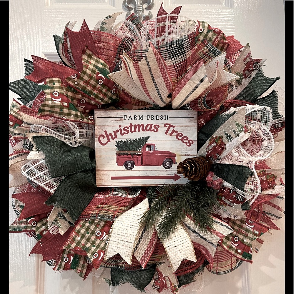CHRISTMAS WREATH - RED truck Christmas Trees. Moss Buffalo Plaid, Hunter Green+